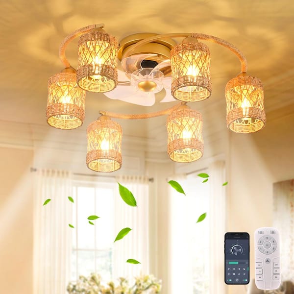 26 in. Indoor Gold Handwoven Farmhouse Reversible 6-Speed Flush Mount with Light Kit and Remote Included for Living Room