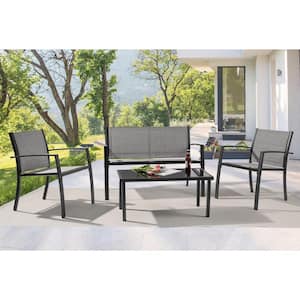 Textilene Black 4-Piece Patio Furniture Chair Sets with Loveseat and Coffee Table in Gray