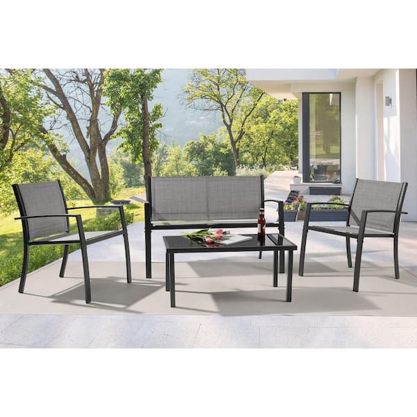 JOYESERY Textilene Black 4-Piece Patio Furniture Chair Sets with Loveseat and Coffee Table in Gray