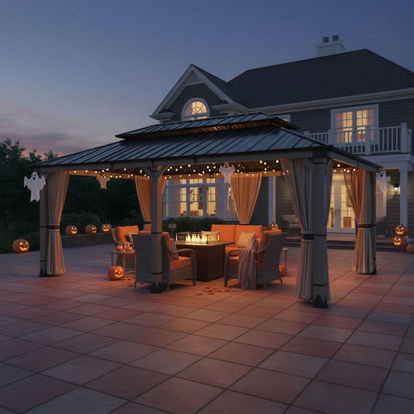 Cedarfort 12 ft. x 20 ft. Outdoor Cedar Wood Frame Hardtop Gazebo with Galvanized Steel Roof, Netting and Curtains