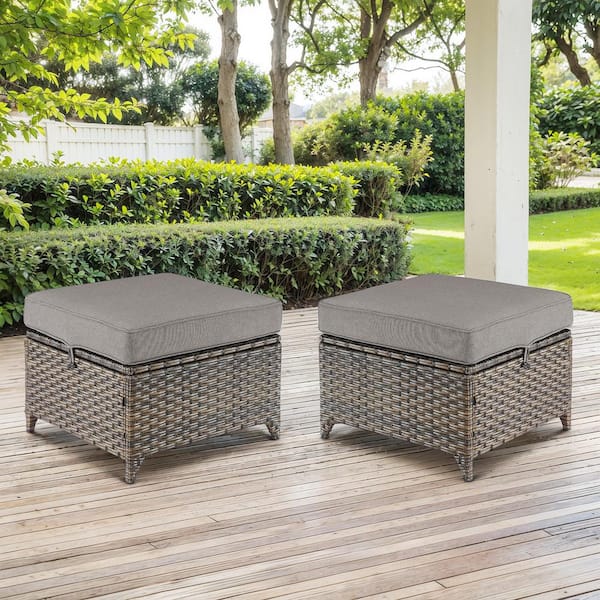 Luxurious Brown Wicker Outdoor Ottoman with Gray Cushions and Fastening Loop (2-Pack)