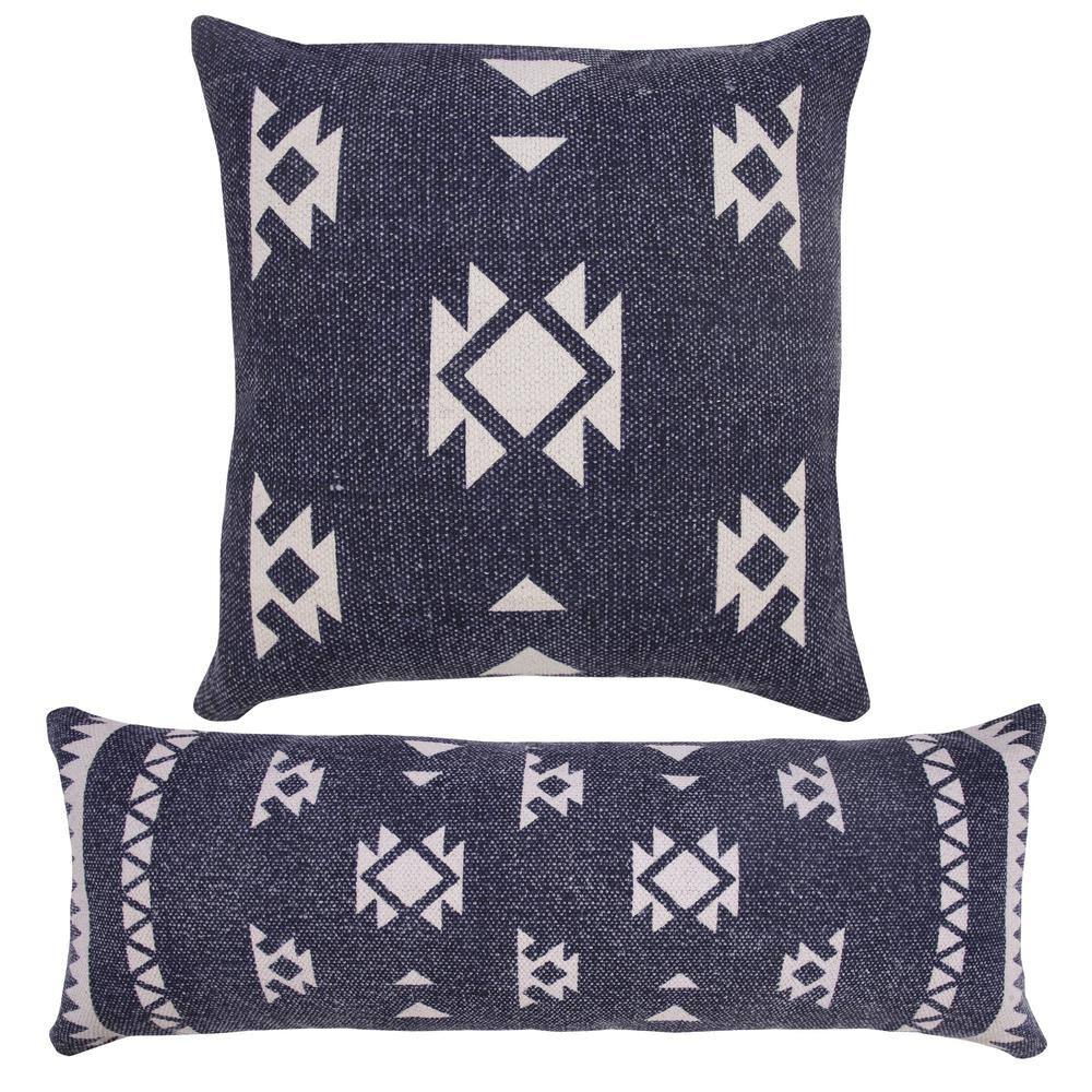 Southwestern Navy Blue / White 14 in. x 36 in. Dynamic Denim Geometric Indoor Throw Pillow