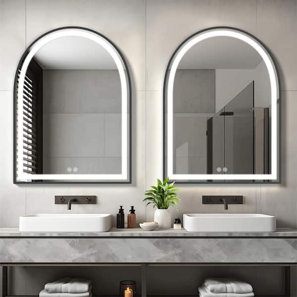 Dovelina 24 in. W x 31 in. H Arched Framed LED Anti-Fog Dimmable Wall Mount Bathroom Vanity Mirror in Black