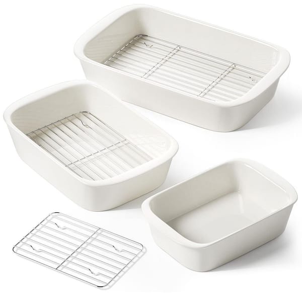 3-Piece Ceramic Cookware Set, Deep Rectangular Baking Dishes with Racks and Handles, 4.6/3.0/1.6 qt., Oven Safe
