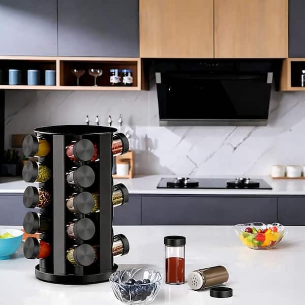 JFVKAF Black Rotating Spice Rack Drawer Organizer for Cabinet with 20 ...