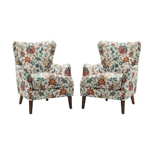 Leonhard Red Floral Fabric Pattern Wingback Design Armchair with English Arms Set of 2