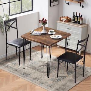 29 in. L Brown 3-Piece Dining Set Modern Dining Table Set Metal and Wood Square Dining Table for Dining Room w/2 Chair