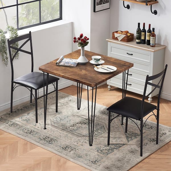 VECELO 29 in. L Brown 3-Piece Dining Set Modern Dining Table Set Metal and Wood Square Dining Table for Dining Room w/2 Chair