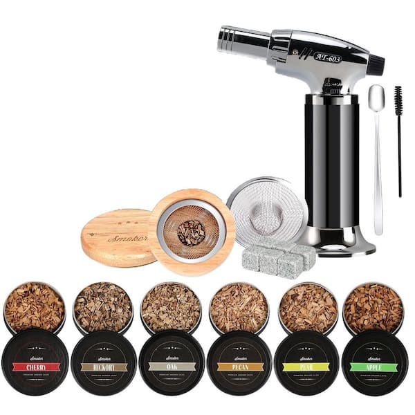 Black Cocktail Smoker Kit with Torch and 6 Flavors Wood Chips, Whiskey Smoker Infuser Kit, Drink Smoker Kit for Men