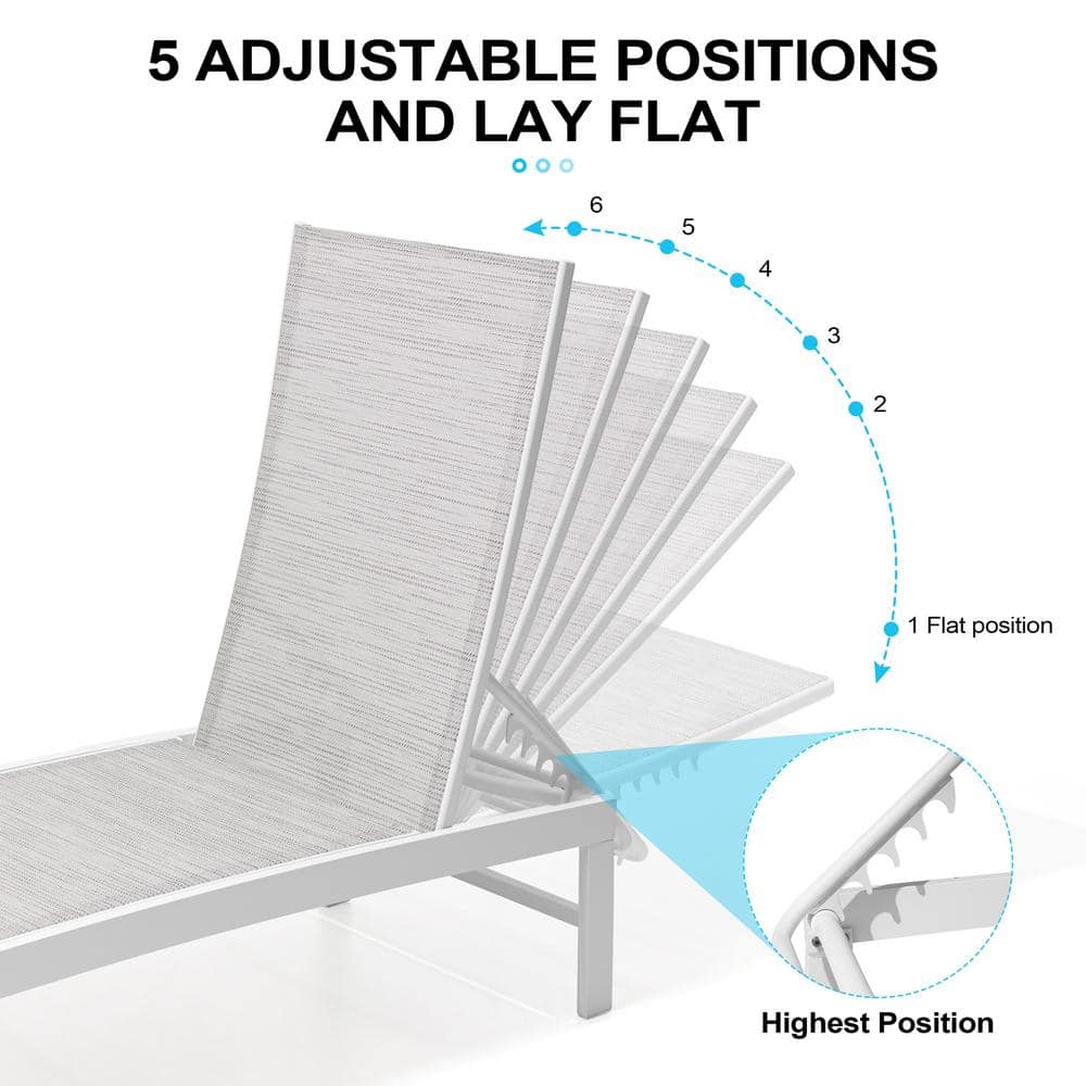 White Gray Aluminum Adjustable Outdoor Chaise Lounge