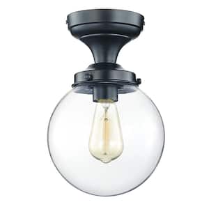 8 in. 1-Light Matte Black Semi-Flush Mount with Transparent Glass Shade