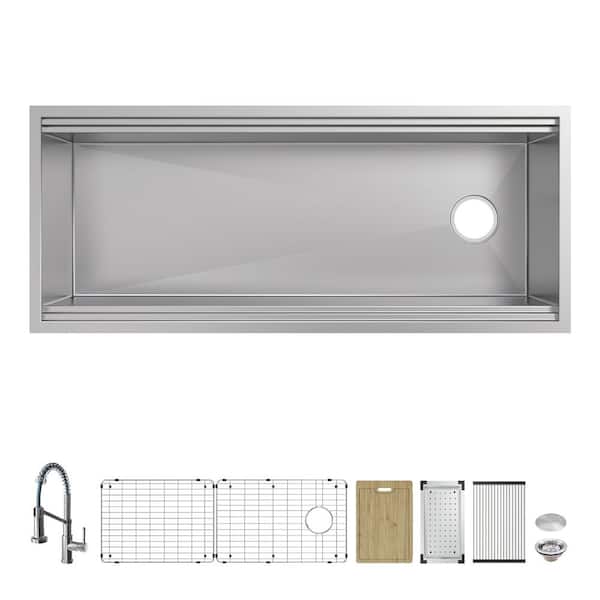 Glacier Bay Professional Zero Radius 45 in. Undermount Single Bowl 16 Gauge Stainless Steel Workstation Kitchen Sink with Faucet