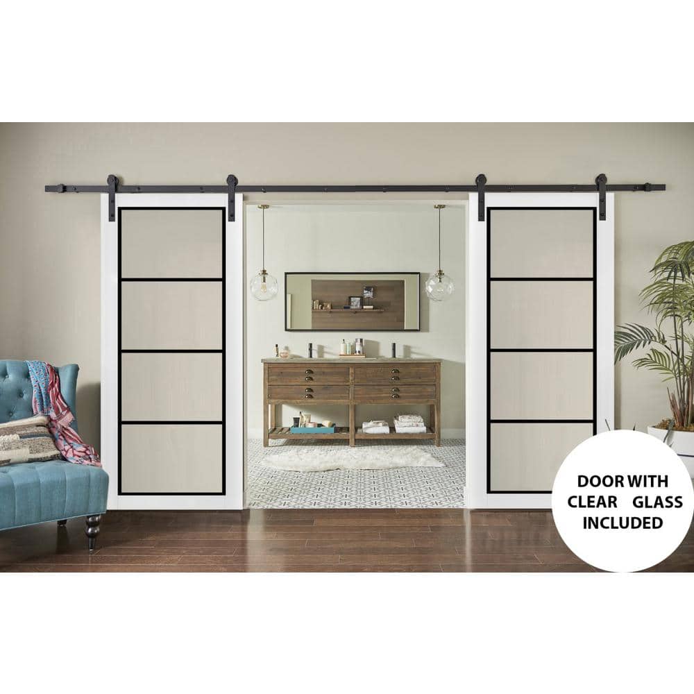 White Solid Wood Barn Door Kit with Clear Glass Panels