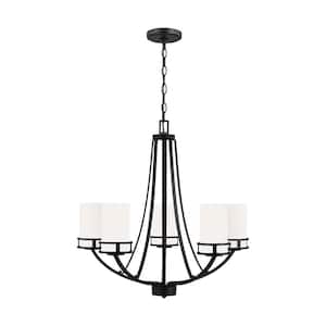 Robie 5-Light Midnight Black Craftsman Modern Transitional Empire Chandelier with Etched White Inside Glass Shades