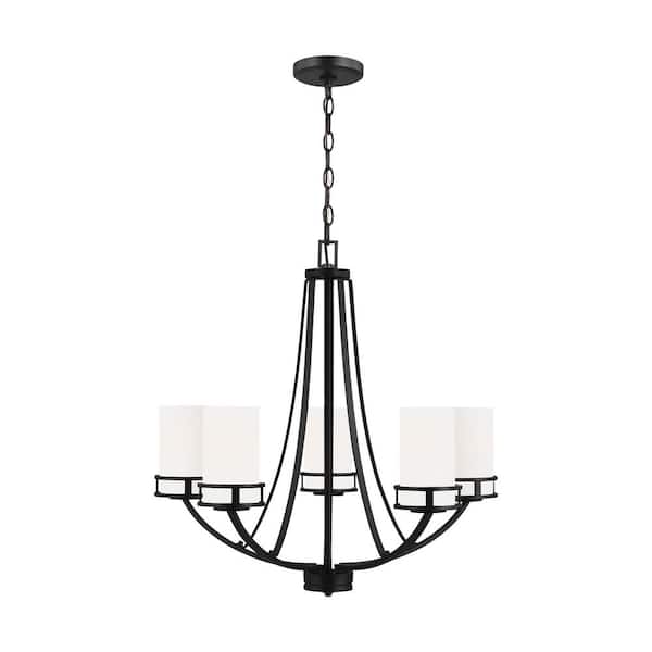 Generation Lighting Robie 5-Light Midnight Black Craftsman Modern Transitional Empire Chandelier with Etched White Inside Glass Shades