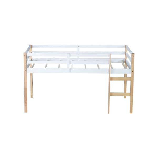 78.6 in. x 41.4 in. x 44.3 in. Natural White Solid Wooden Rubber Wooden Twin Loft Bed with Ladder for Kids