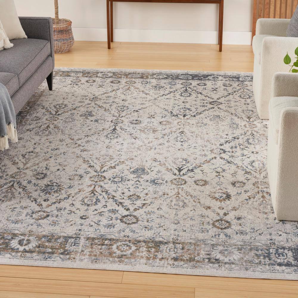 Ivory Blue Floral Synthetic 8' x 10' Washable Rug