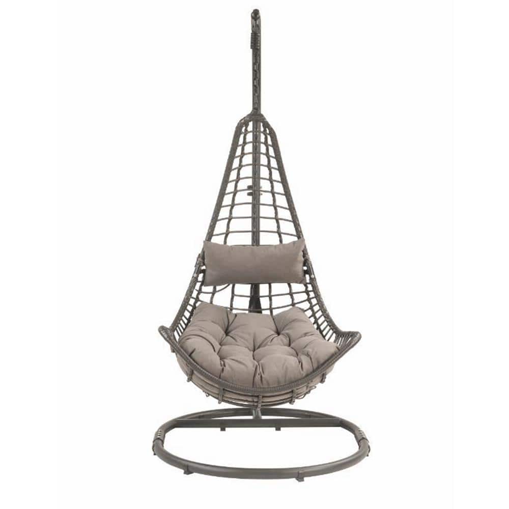 Charcoal Wicker Outdoor Patio Hanging Chair with Stand and Gray Fabric Cushion