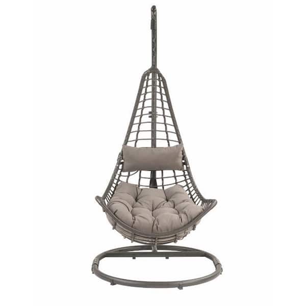 Charcoal Wicker Outdoor Patio Hanging Chair with Stand and Gray Fabric