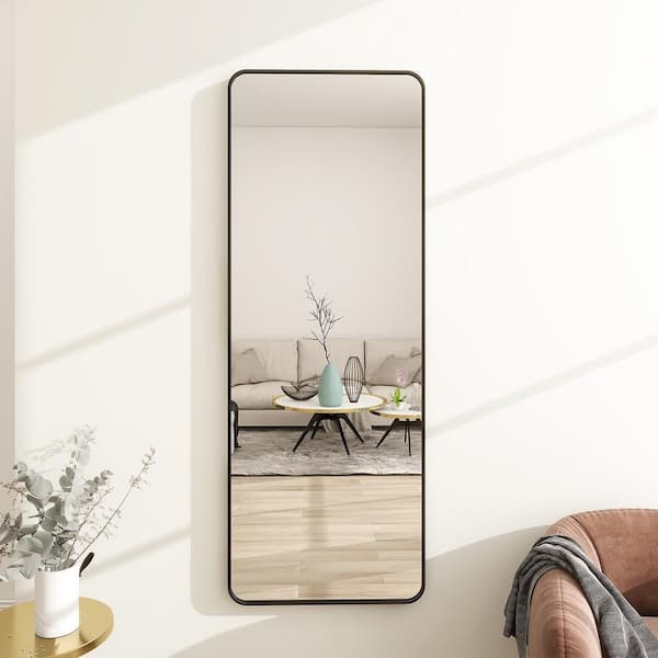 XRAMFY 20 in. W x 64 in. H Rectangular Black Aluminum Alloy Framed Rounded Full Length Mirror Wall Mirror