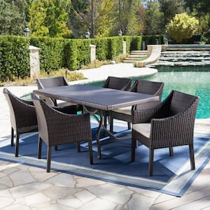 Azusa Multi-Brown 7-Piece Faux Rattan Outdoor Dining Set with Beige Cushions