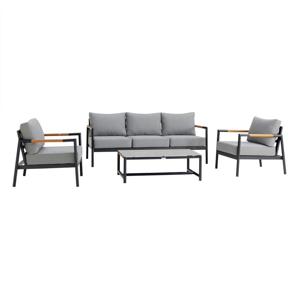 Crown Black Aluminum and Teak Wood Outdoor Sofa with Dark Gray Cushions