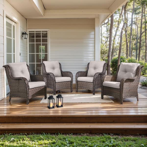 moosprr Curved Arm Patio Brown Wicker Outdoor Lounge Chair with Beige Olefin Cushions and Curved Armrest (4-Piece)