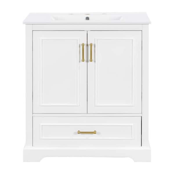 30 in. W Freestanding Bathroom Vanity in White with White Ceramic Basin, Double-Layer Drawer and Adjustable Shelf