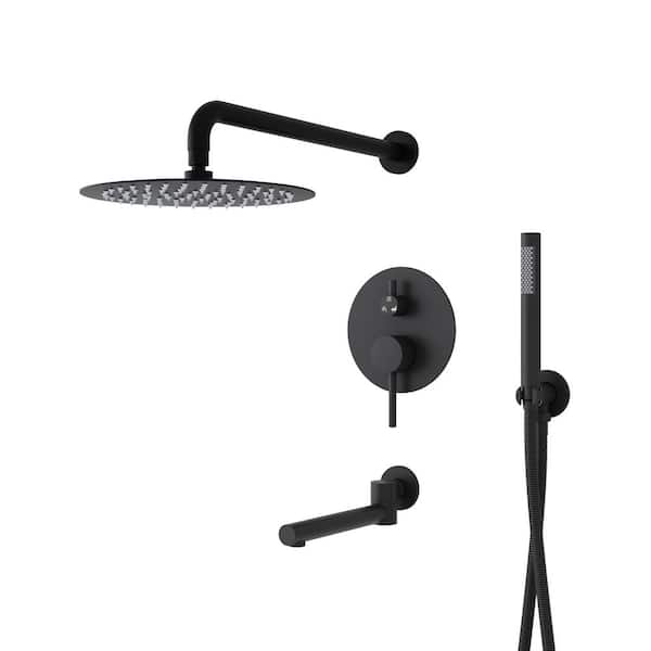 2-Handle 2-Spray Tub and Shower Faucet 2.5 GPM in Matte Black Pressure Balance Valve Included, 10 in. Rain Shower Head