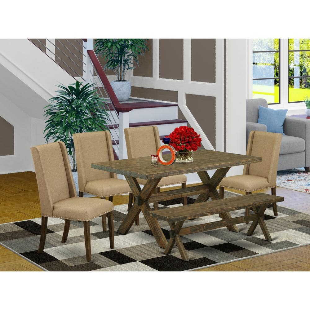 6-Piece Rectangle Distressed Jacobean Finish Solid Wood Top Dining Table with 1-Bench, 4-Chairs with Lattice Back price history on PriceWatchPro