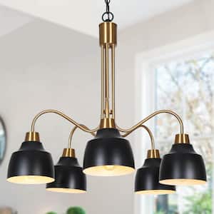 Modern Plated Brass & Black Chandelier with White Inner Shades, 5-Light Contemporary Island Pendant with Bell Globes