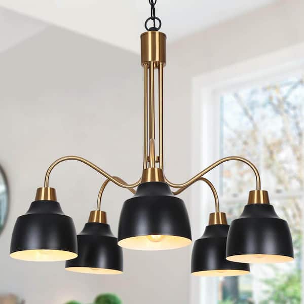 LNC Modern Plated Brass & Black Chandelier with White Inner Shades, 5-Light Contemporary Island Pendant with Bell Globes