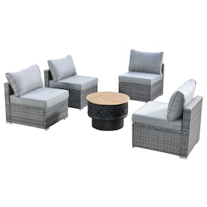 Sanibel Gray 5-Piece Wicker Outdoor Patio Conversation Sofa Set with a Wood-Burning Fire Pit and Dark Gray Cushions