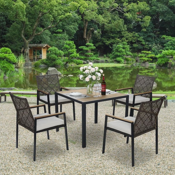 Dark brown All Weather 5-Piece Wicker Outdoor Dining Set with Washed White Cushion and Acacia Wood Table Top