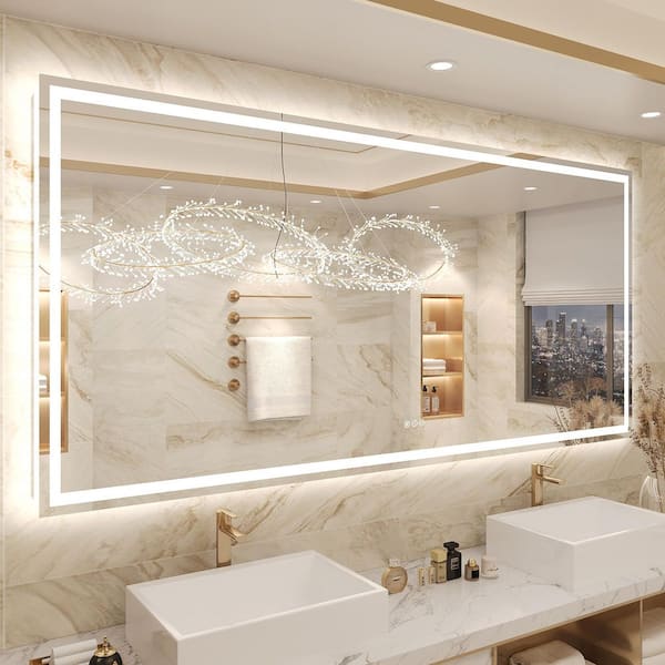 84 in. W x 40 in. H Rectangular Frameless Front Back Lighted Anti-Fog Wall Bathroom Vanity Mirror, Tempered Glass, ETL
