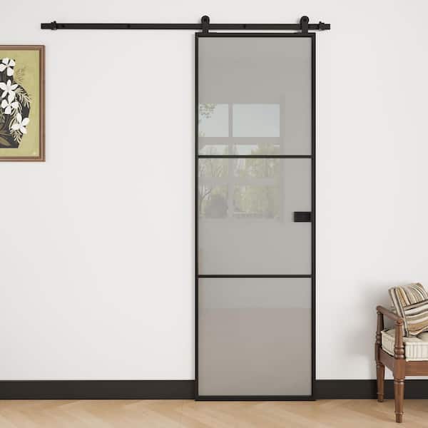 28 in. x 80 in. 3 Lite Frosted Glass Black Aluminum No Assembly Required Sliding Barn Door with Hardware Kit and Handle
