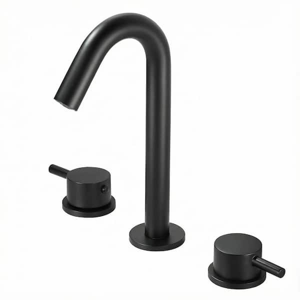 8 in. Widespread Double Handle Bathroom Faucet with Drain and Gooseneck in Matte Black