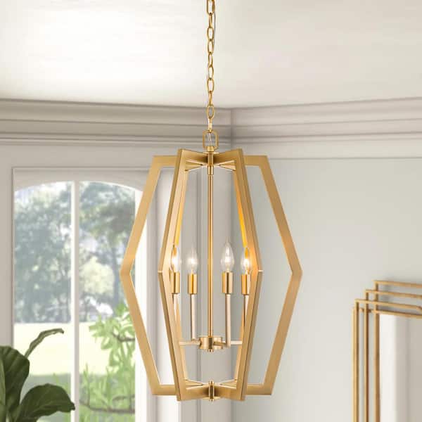 RRTYO Wallasey 4-Light Gold Mid-Century Modern Lantern Rhombus Candlestick Chandelier for Kitchen Island