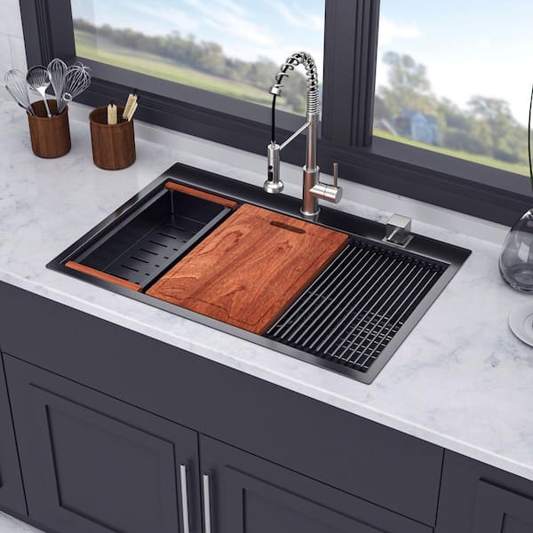 33 in. L x 22 in. W Drop-in Single Bowl 16 Gauge Stainless Steel Kitchen Sink in Gunmetal Black