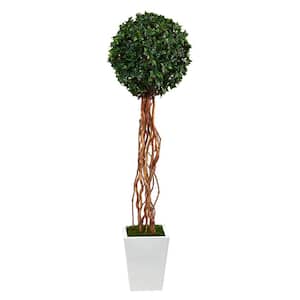 62in. English Ivy Single Ball Artificial Topiary Tree in White Metal Planter UV Resistant (Indoor/Outdoor)