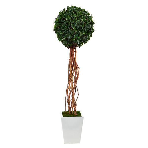 Nearly Natural 62in. English Ivy Single Ball Artificial Topiary Tree in White Metal Planter UV Resistant (Indoor/Outdoor)