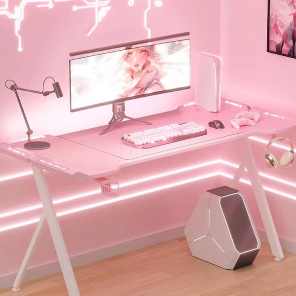 Modern 47.2 in. Square Pink Laminate 0-Drawer Gaming Desk with LED, Cup Holder,and Headphone Hook