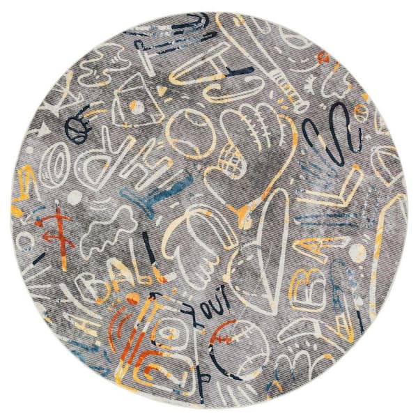 Sportsglyphs 8' Round Grey Tones/Multi-Colored Abstract Washable Area Rug