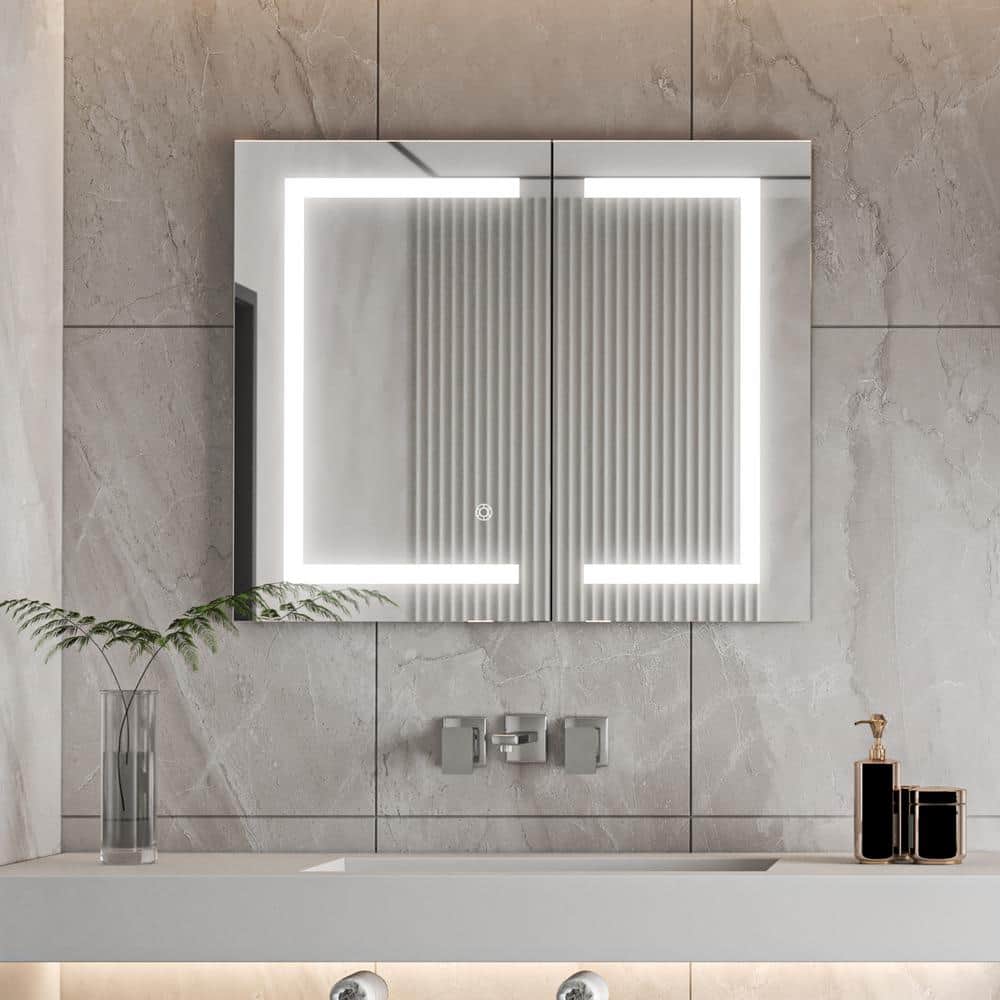 Modern Frameless Silver Glass LED Lighted Bathroom Medicine Cabinet