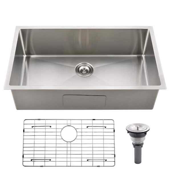 32 in. Undermount Single Bowl 16-Gauge Handmade Stainless Steel Kitchen Sink with Bottom Grid and Drain Assembly