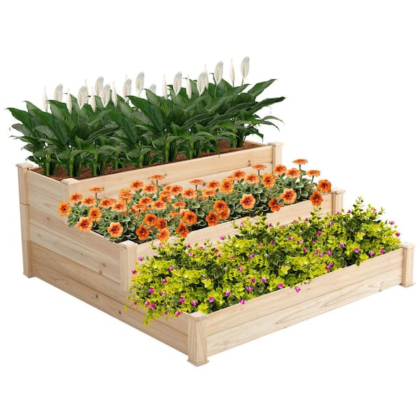 maocao hoom 48.6 in. x 48.6 in. x 21 in. Natural Outdoor Elevated Tiered Wooden Raised Garden Bed Vegetables Growing Planter