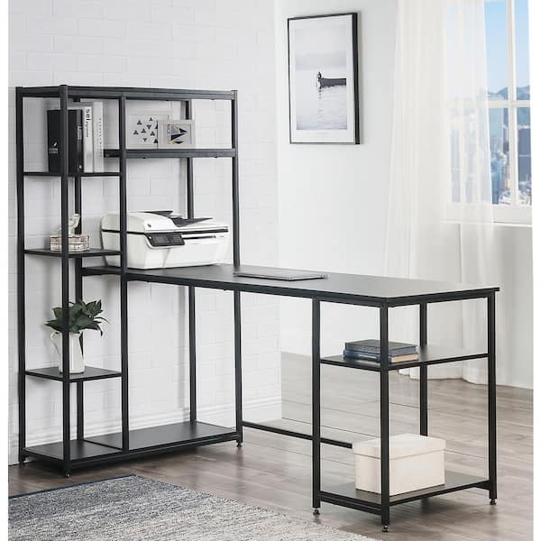 Magic Home 62.9 in. Black Large Office Computer Writing Desk with Bookshelf and Storage Space