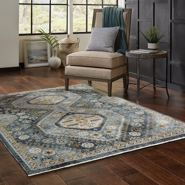 Ambrose Blue/Gold 10 ft. x 13 ft. Oriental Tribal Medallion Polyester Fringe Edge Indoor Area Rug