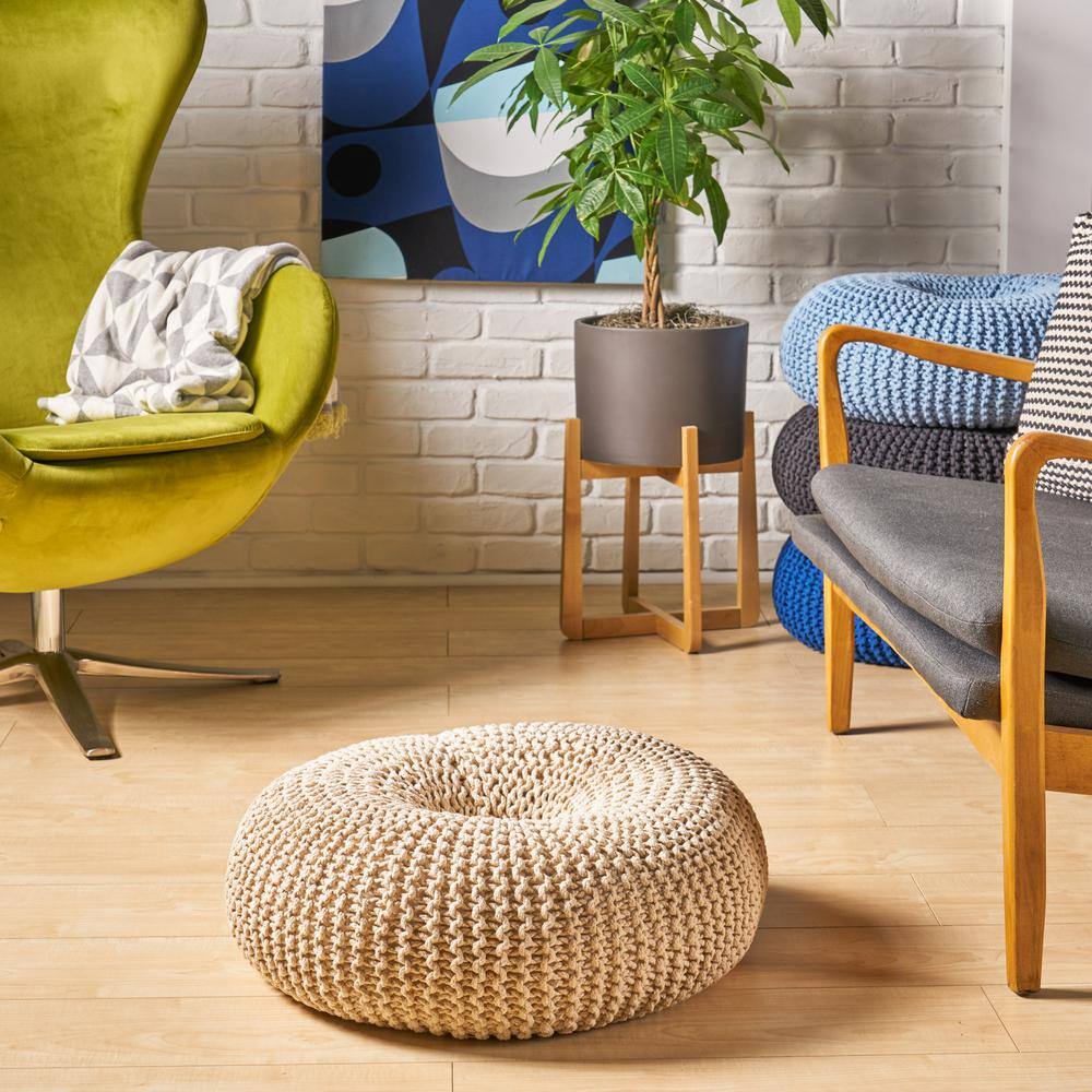 24.5 in. x 24.5 in. Beige Cotton Round Pouf No Assembly Required for Living