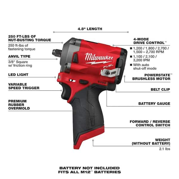 Milwaukee M12 FUEL 12V Lithium-Ion Brushless Cordless Stubby 3/8 in. Impact  Wrench with Protective Boot 2554-20-49-16-2554 - The Home Depot